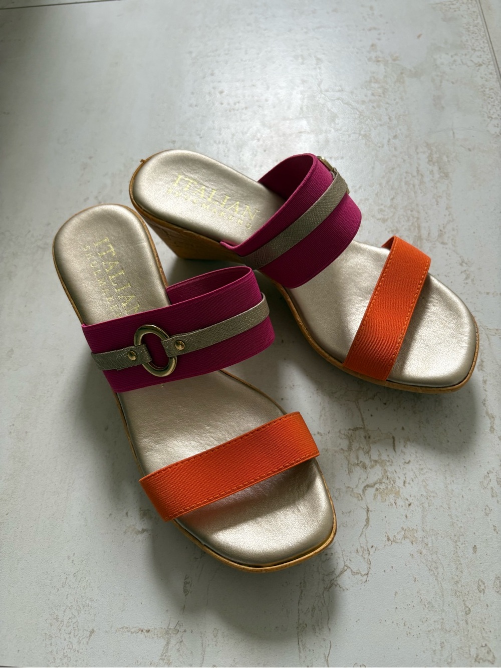 Italian Orange & Pink Slide Wedge Sandals